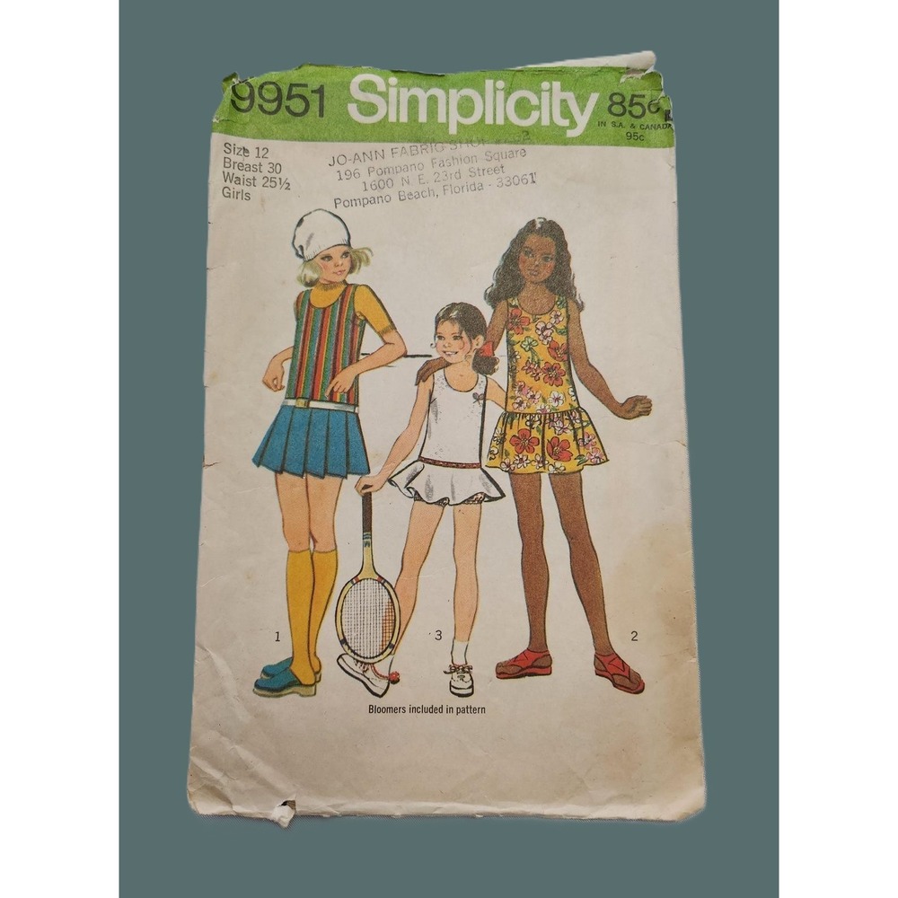 VTG 1972 Simplicity 9951 Girls Tennis Mini Dress Bloomers Pattern Size 12